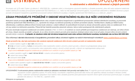 Upozornění k odstranění a okleštění stromoví a jiných porostů 